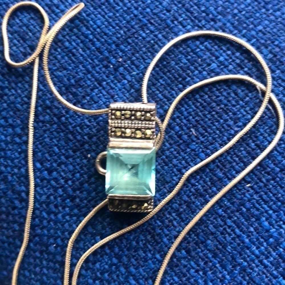 Sterling Silver Hematite and Princess Cut Blue Topaz Necklace with Snake Chain.